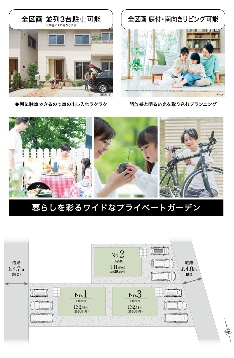 利便性に優れた落ち着いた住宅街に誕生する並列3台駐車＆庭付きの全3区画
