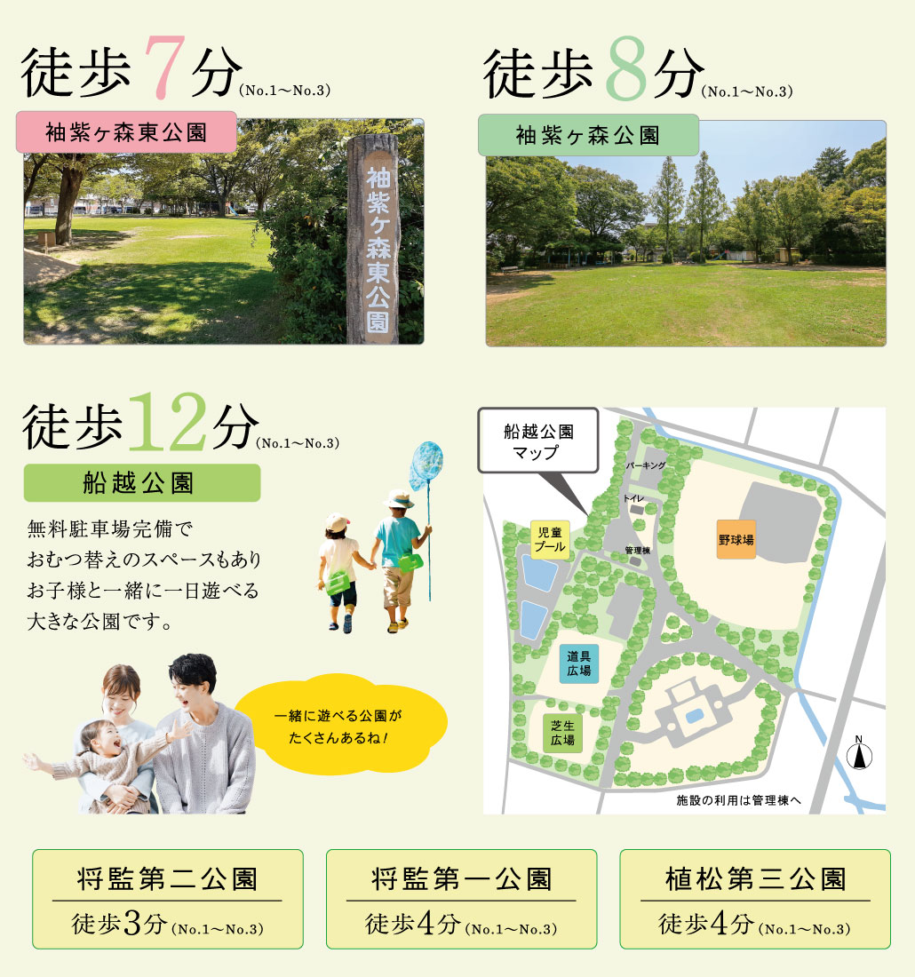 公園街区で楽しく、のびのび子育て。周辺に大小6つの公園に囲まれた環境。