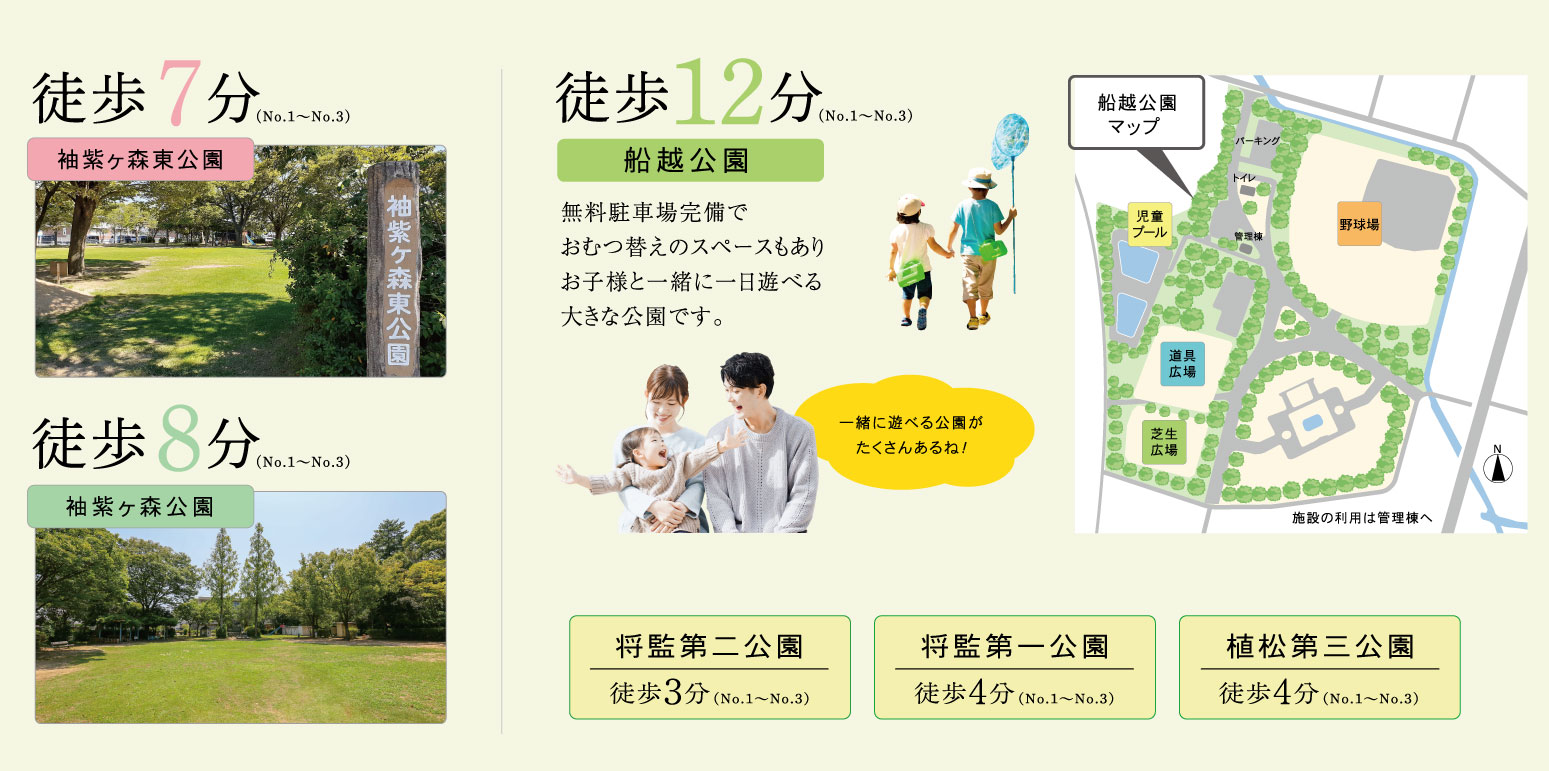 公園街区で楽しく、のびのび子育て。周辺に大小6つの公園に囲まれた環境。