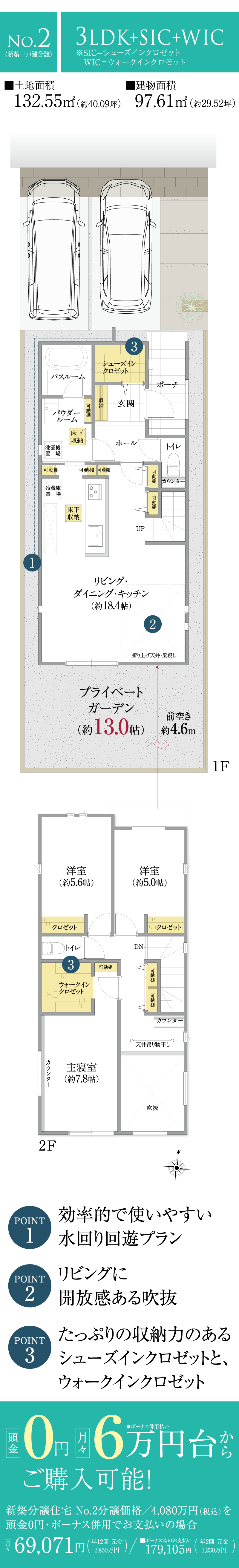 No.2間取り。リビング吹抜がある、水回り回遊動線プラン。