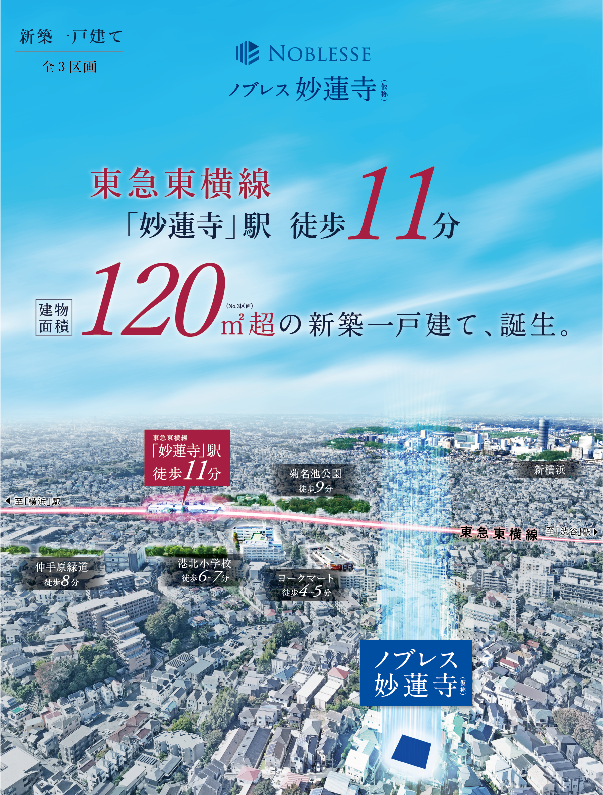 東急東横線「妙蓮寺」駅徒歩11分。建物面積120㎡超の新築一戸建て。