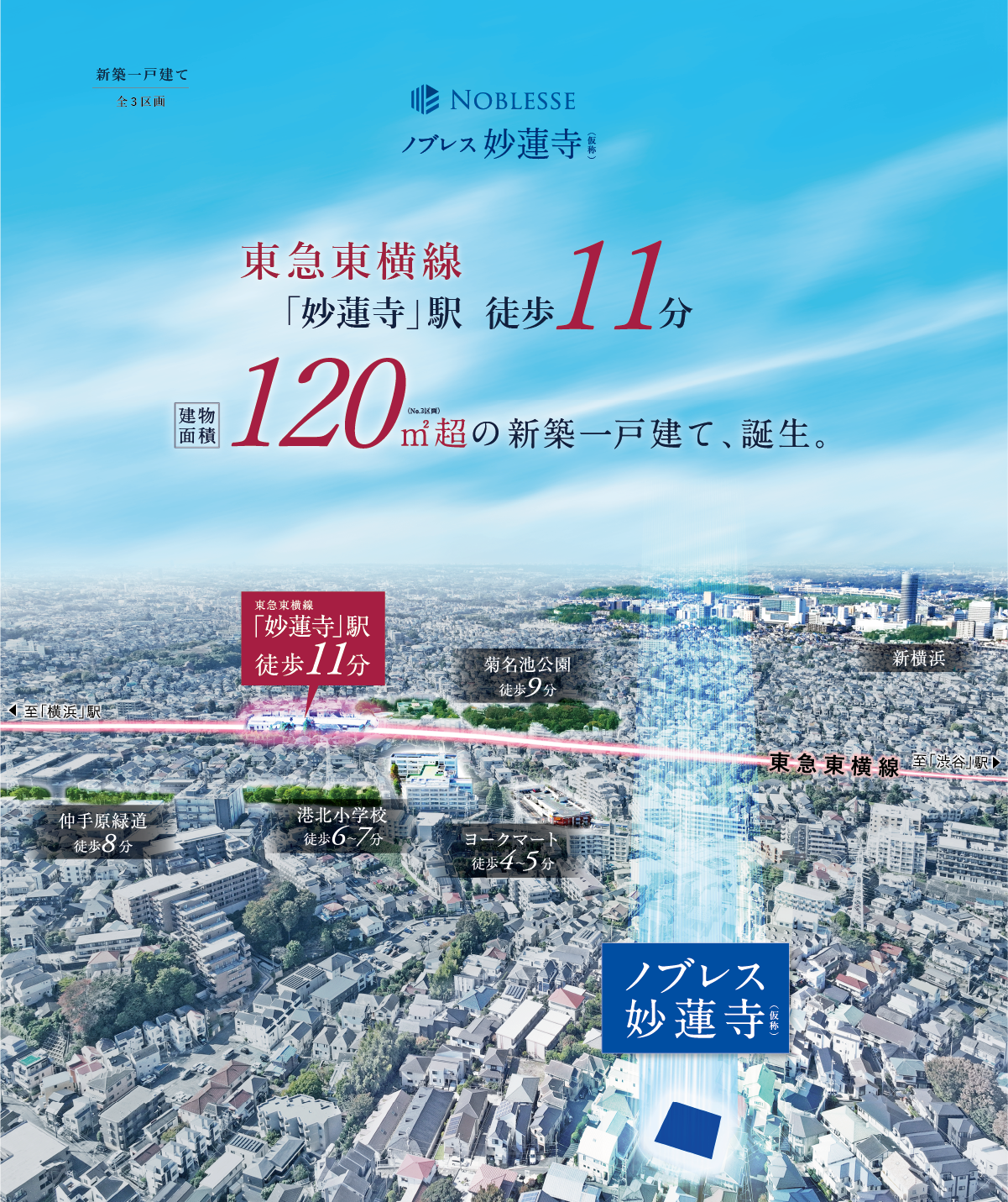 東急東横線「妙蓮寺」駅徒歩11分。建物面積120㎡超の新築一戸建て。