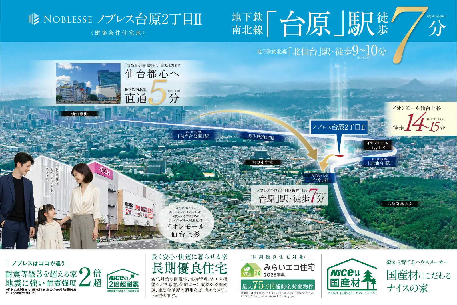 仙台市営地下鉄南北線「台原」駅　徒歩圏内の建築条件付宅地。