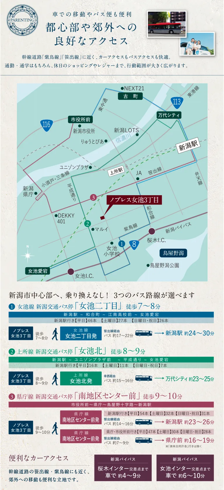 車やバスを利用した都心部や郊外への良好なアクセス