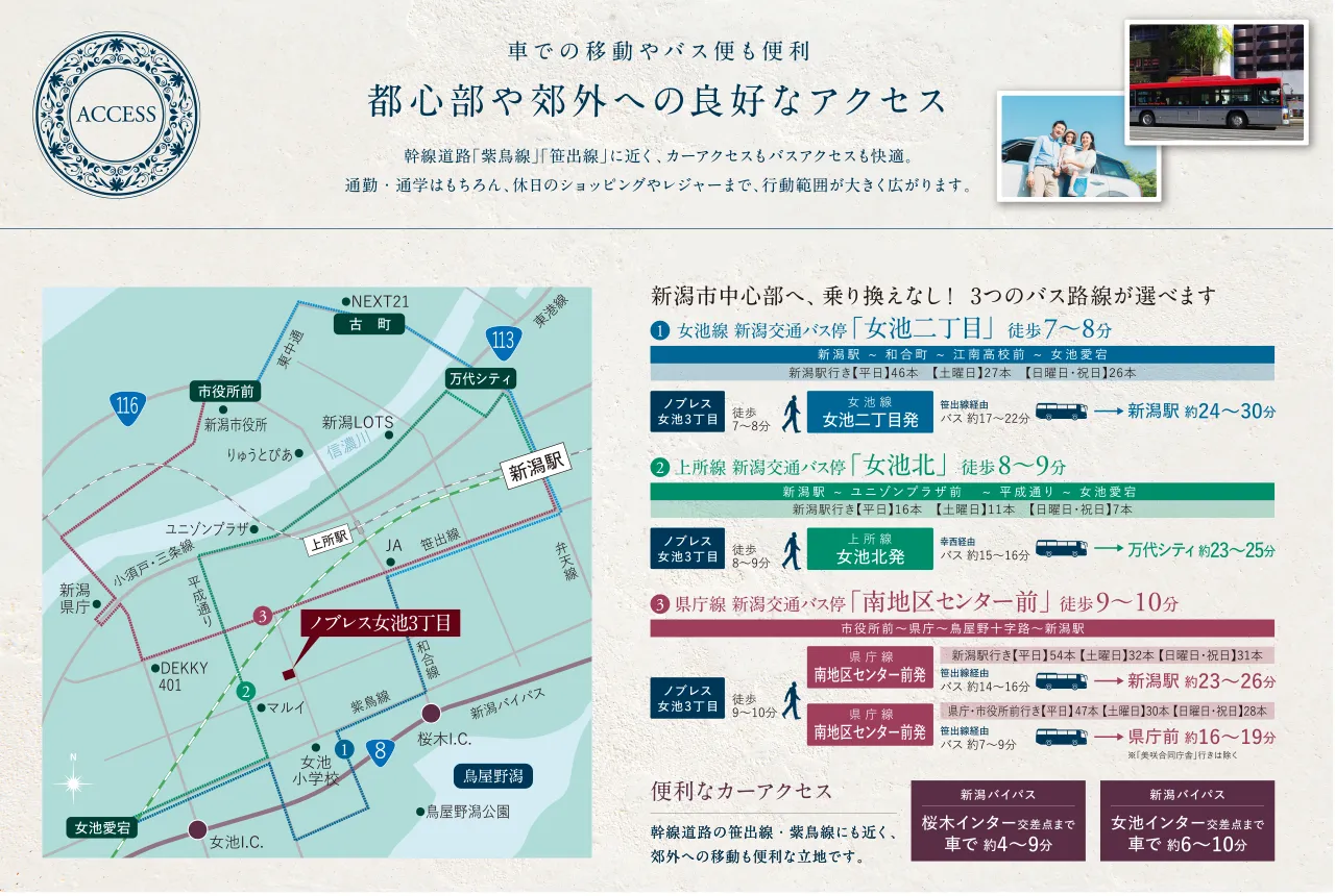 車やバスを利用した都心部や郊外への良好なアクセス