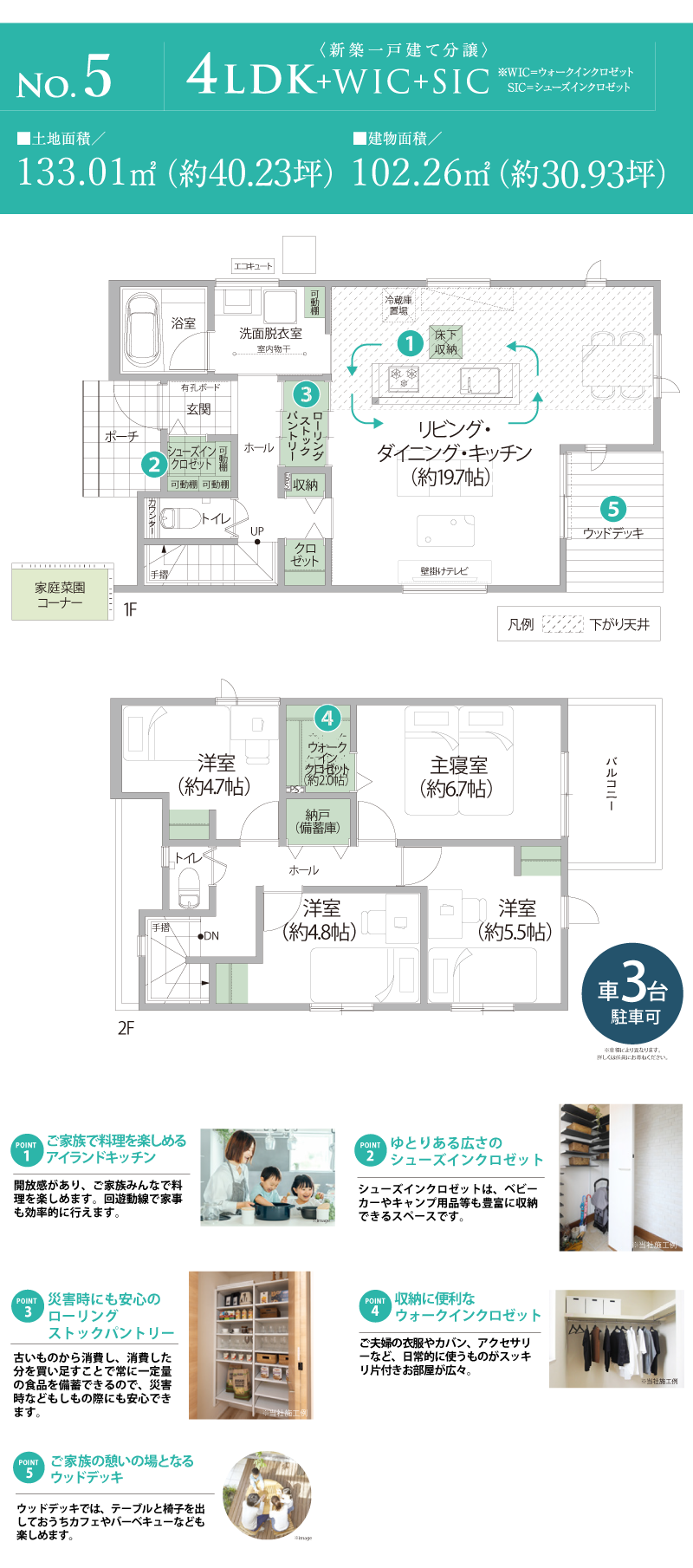 No.5間取り｜ウォークインクロゼットや納戸など収納充実。ローリングストックパントリーで防災にも配慮したプラン。