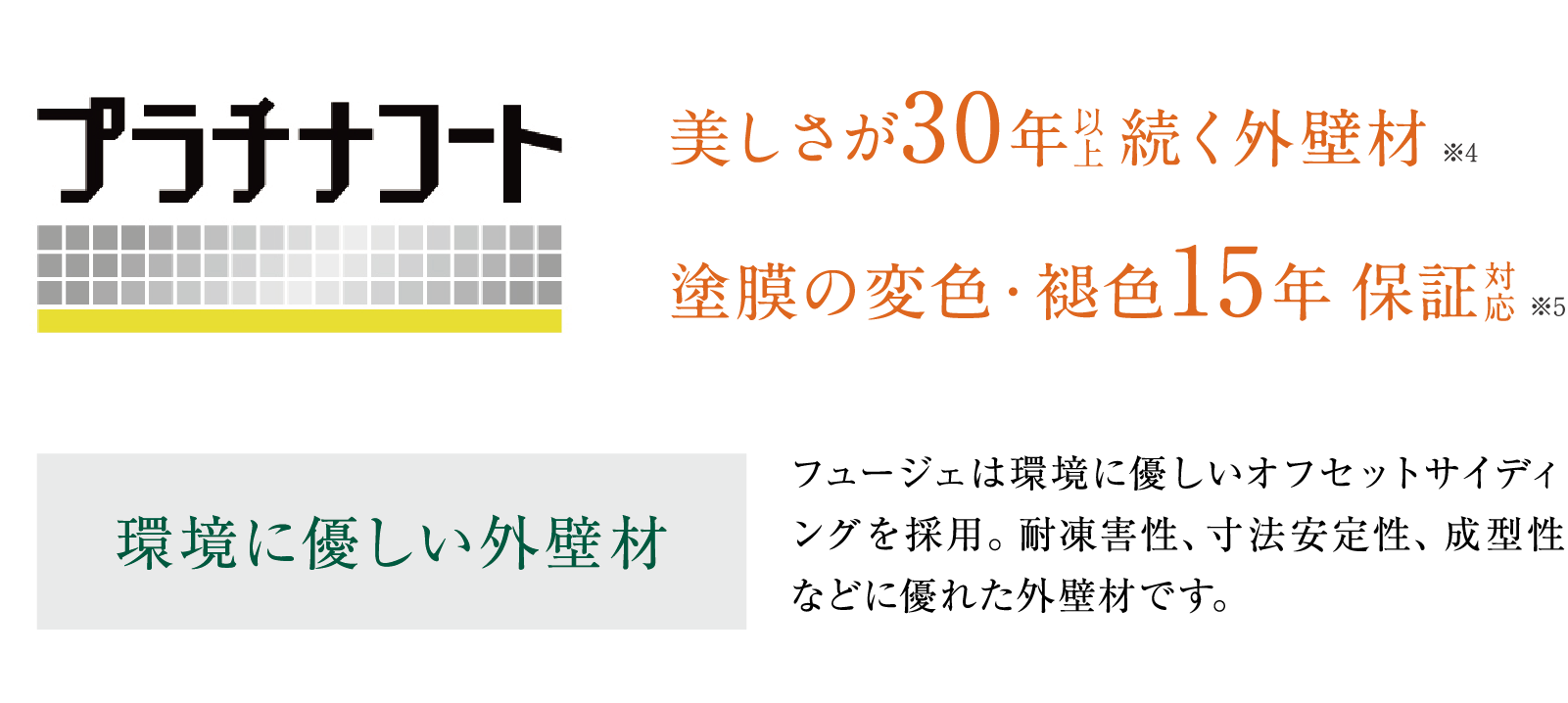 従来の塗料をさらに進化させた超高耐候塗料「プラチナコート」を採用。色あせに強く、10年～5年ごとに必要であった再塗装工事の期間を大幅に延ばすことが可能になりました。