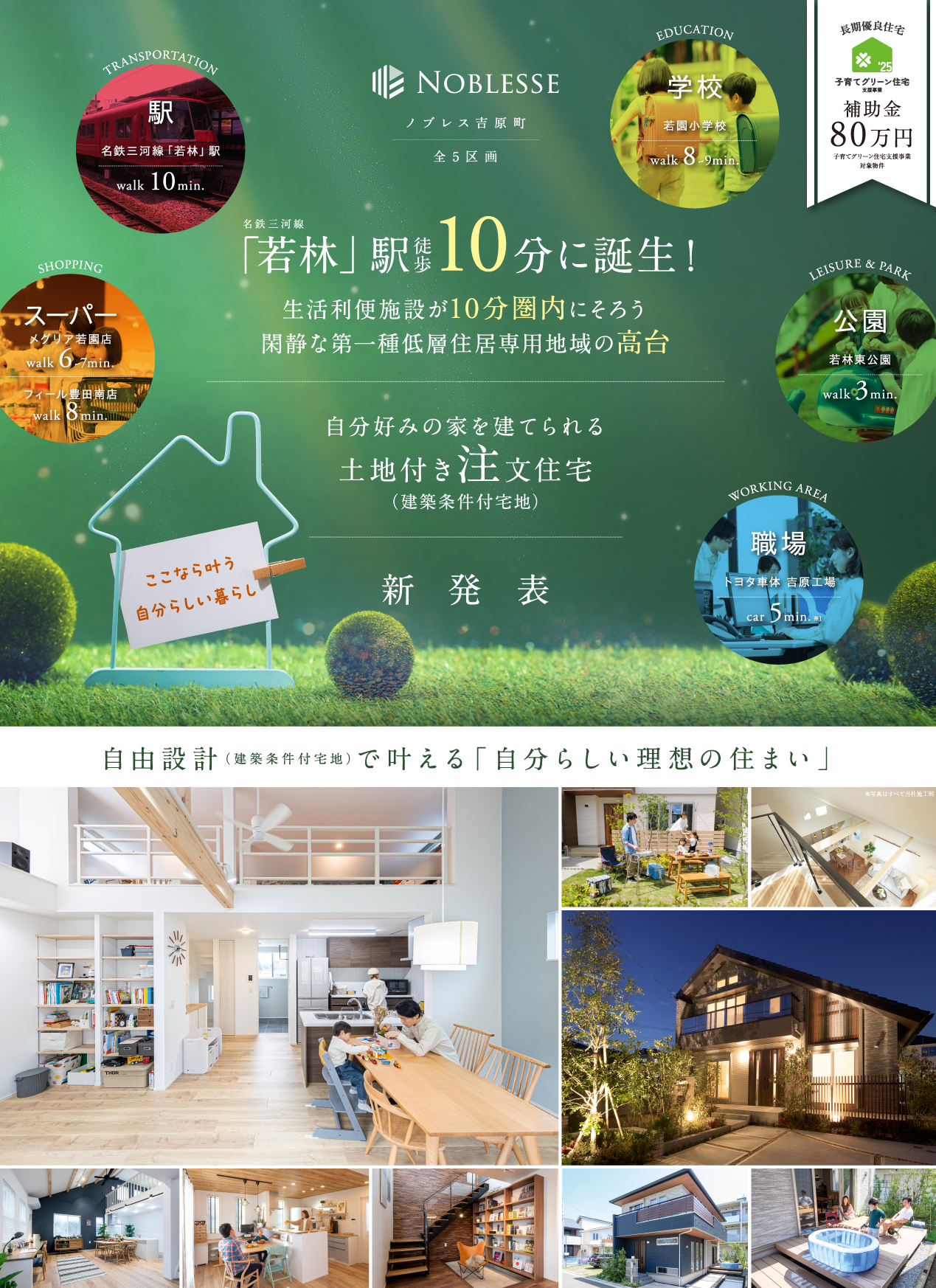 名鉄三河線「若林」駅徒歩10分。最大3台駐車可能。ゆとりの敷地最大160㎡超。
