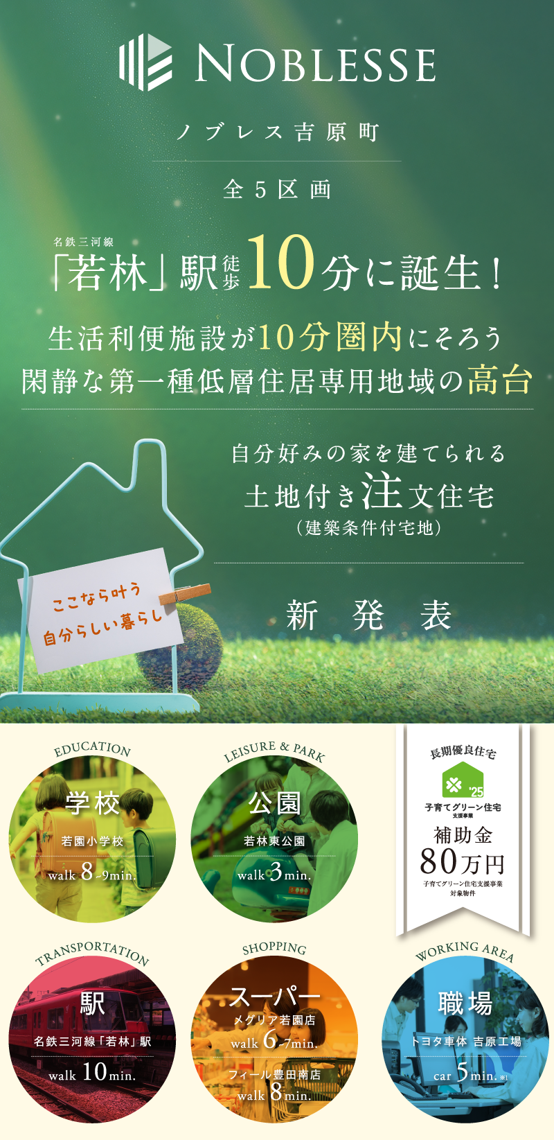 名鉄三河線「若林」駅徒歩10分。最大3台駐車可能。ゆとりの敷地最大160㎡超。