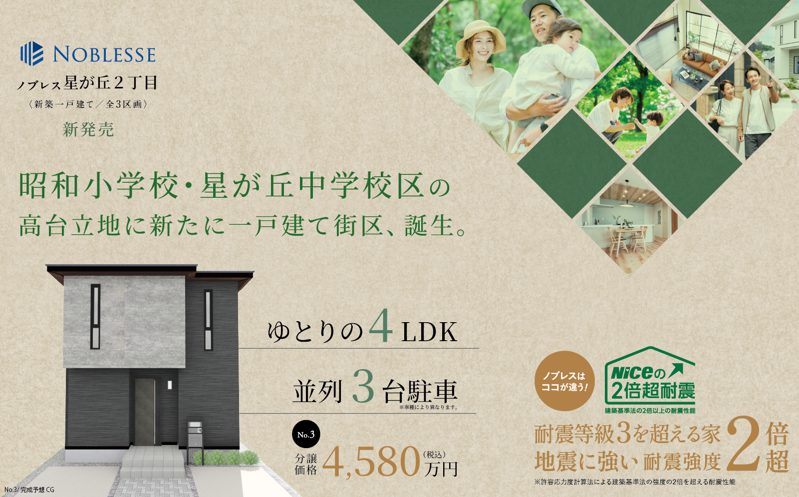 ノブレス星が丘2丁目は、昭和小学校･星が丘中学校区。ゆとりの4LDK、並列3台駐車、高台立地に誕生します。