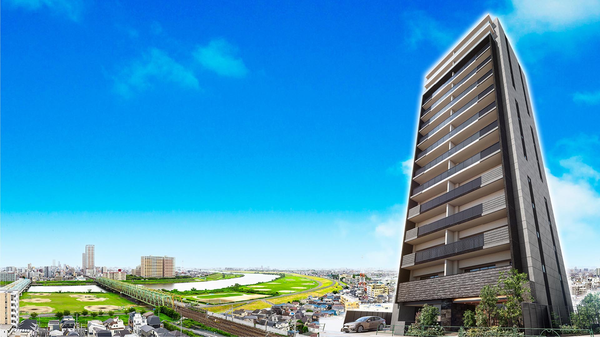 現地14階相当からの眺望・外観完成予想CG