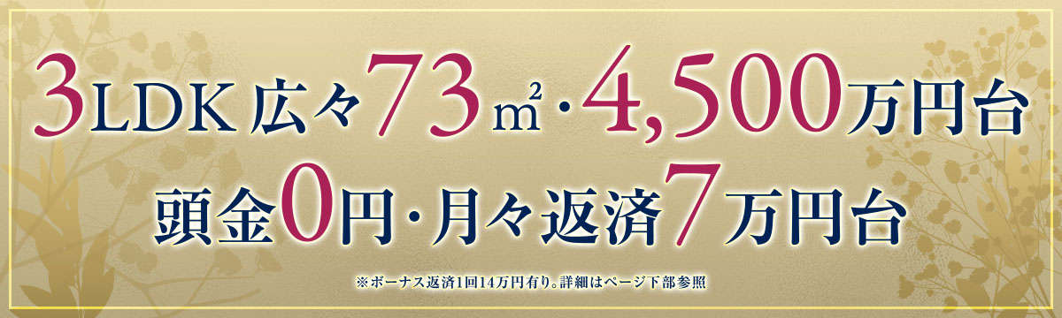 3LDK　広々73㎡超・4,500円　頭金0円・月々返済7万円台