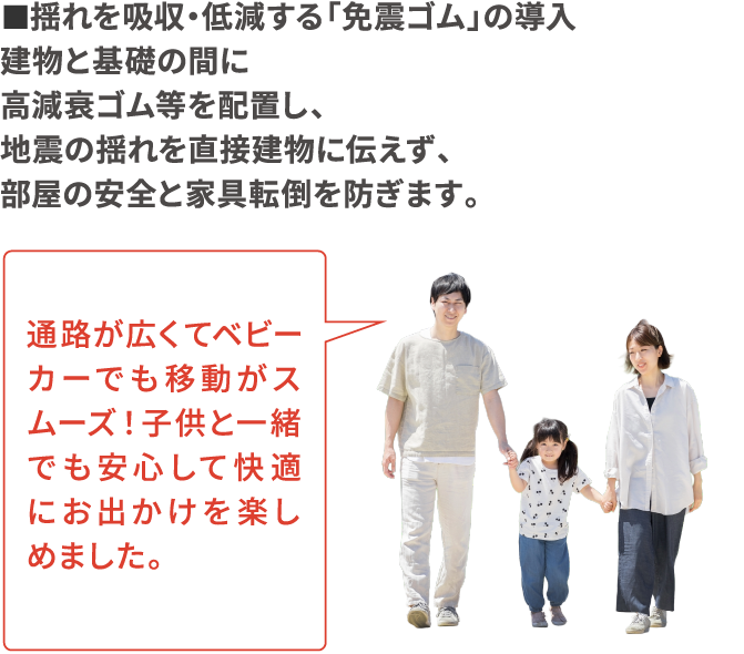 揺れを吸収・低減する「免震ゴム」の導入 建物と基礎の間に高減衰ゴム等を配置し、地震の揺れを直接建物に伝えず、部屋の安全と家具転倒を防ぎます。通路が広くてベビーカーでも移動がスムーズ！子供と一緒でも安心して快適にお出かけを楽しめました。