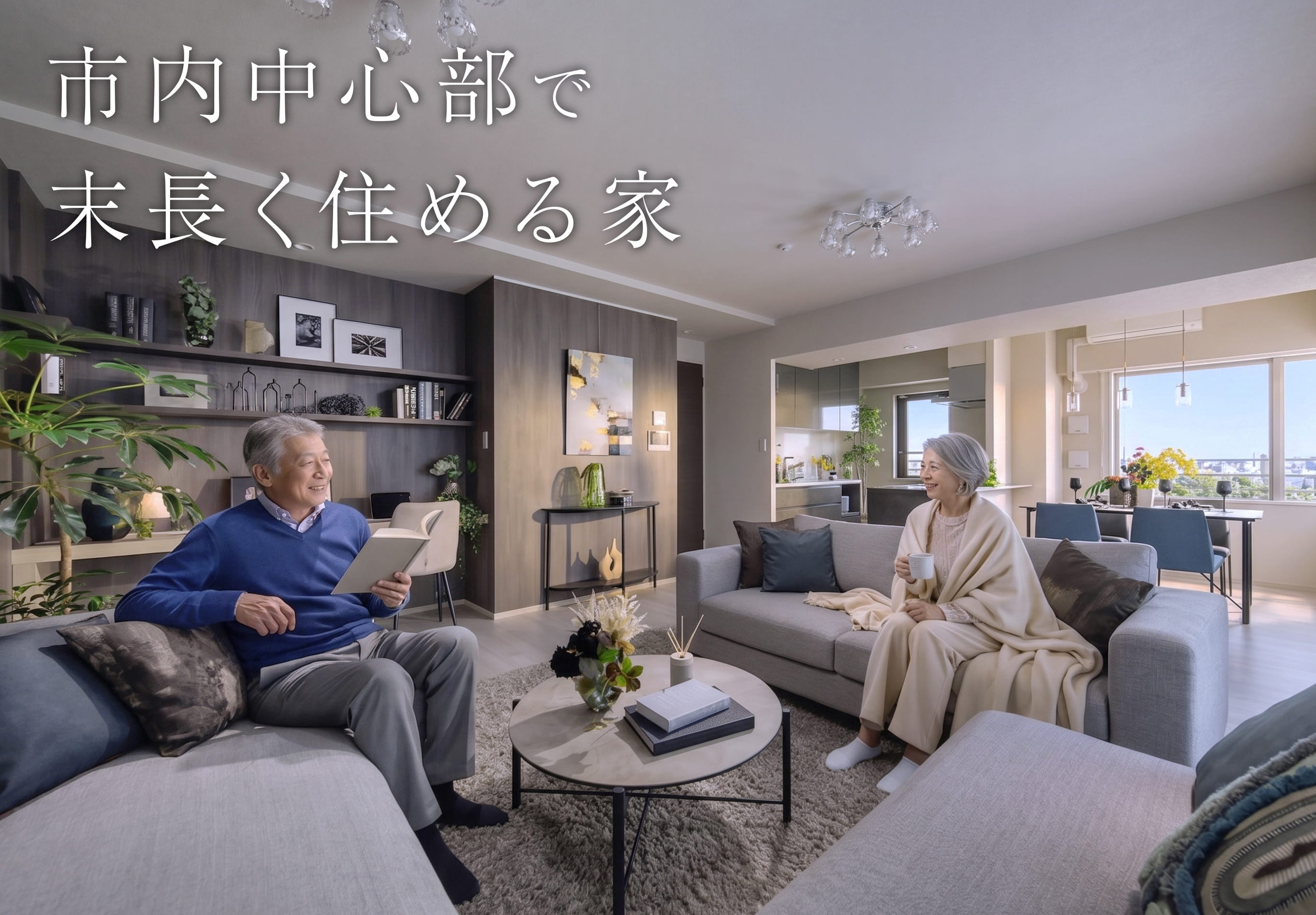 メインビジュアル画像 ノブレス宇都宮西 部屋内観 リビングで寛ぐシニア夫婦
