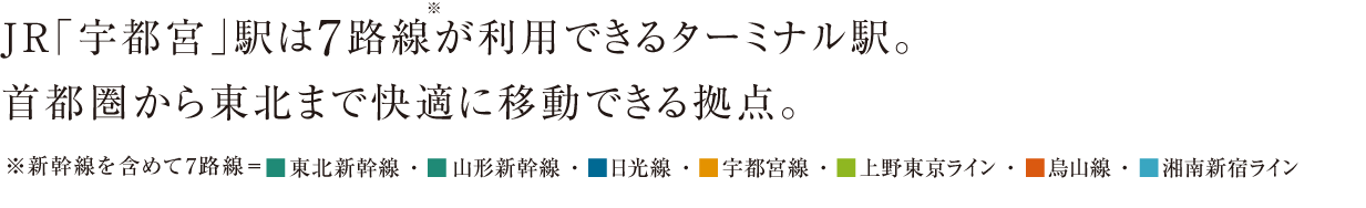 JR「宇都宮」駅は7路線が利用できるターミナル駅。首都圏から東北まで快適に移動できる拠点。