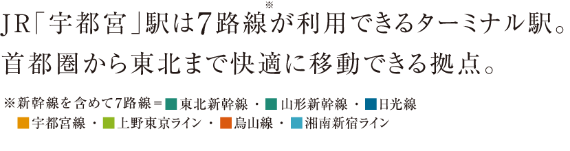 JR「宇都宮」駅は7路線が利用できるターミナル駅。首都圏から東北まで快適に移動できる拠点。