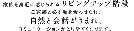 家族を身近に感じられる リビングアップ階段ご家族と必ず顔を合わせられ、自然と会話がうまれ、コミュニケーションがとりやすくなります。 