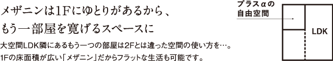 メザニンは1Fにゆとりがあるから、もう一部屋を寛げるスペースに。大空間LDK隣にあるもう一つの部屋は2Fとは違った空間の使い方を…。1Fの床面積が広い「メザニン」だからフラットな生活も可能です。