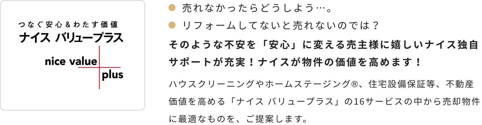 売れなかったらどうしよう…。リフォームしてないと売れないのでは？そのような不安を「安心」に変える売主様に嬉しいナイス独自サポートが充実！ナイスが物件の価値を高めます！ハウスクリーニングやホームステージングR?、住宅設備保証等、不動産価値を高める「ナイス バリュープラス」の16サービスの中から売却物件に最適なものを、ご提案します。