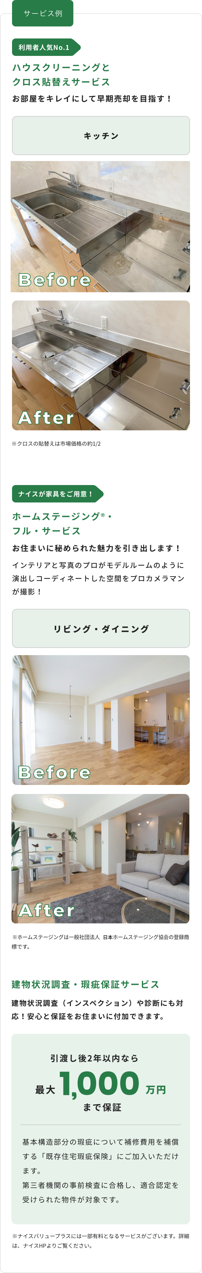サービス例、利用者人気No.1、ハウスクリーニングとクロス貼替えサービス、お部屋をキレイにして早期売却を目指す！キッチン、ナイスが家具をご用意！ホームステージングR?・フル サービス、お住まいに秘められた魅力を引き出します！インテリアと写真のプロがモデルルームのように演出しコーディネートした空間をプロカメラマンが撮影！リビング・ダイニング建物状況調査・瑕疵保証サービス建物状況調査（インスペクション）や診断にも対応！安心と保証をお住まいに付加できます。引渡し後2年以内なら最大1,000万円まで保証。基本構造部分の瑕疵について補修費用を補償する「既存住宅瑕疵保険」にご加入いただけます。第三者機関の事前検査に合格し、適合認定を受けられた物件が対象です。